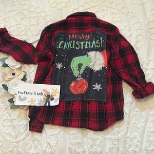 Upcycled Grinch plaid shirt. Size M